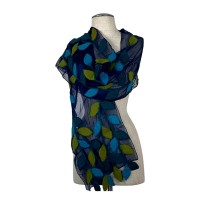 Navy Blue base Camel Blue and Dark Green Leaf Scarf